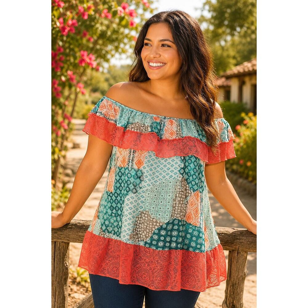 NWOT Sugarfox Off Shoulder Lacy Ruffle Top L